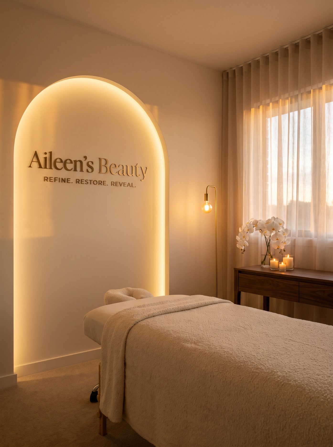 Inside Aileen's Beauty private studio in warm evening light, Campbell California