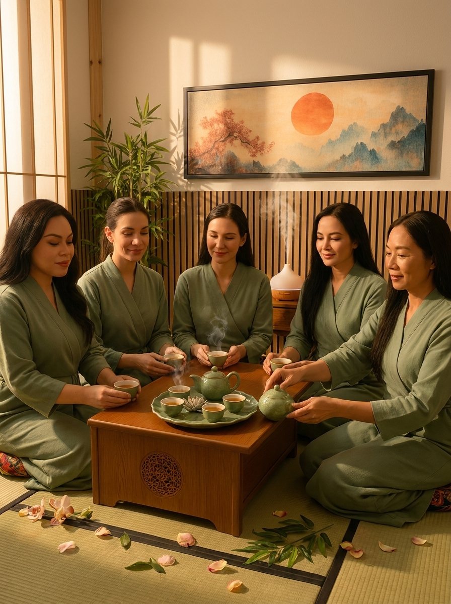 Tea ceremony in the tearoom at Aileen's Beauty, Campbell CA